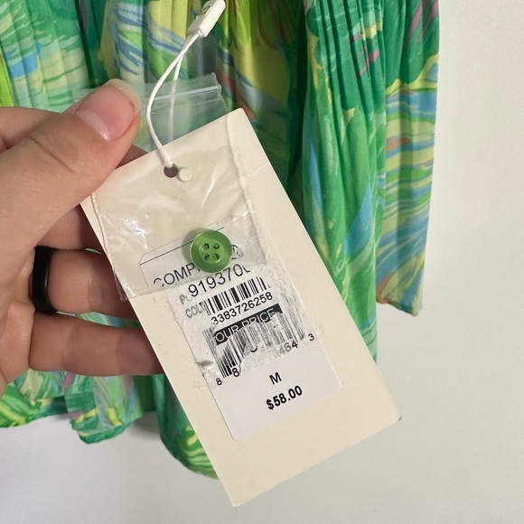Sunny Leigh Green Palm Leaf Print Pleated Split Bell Sleeve Buttoned Blouse M - Picture 5 of 6